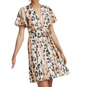Hutch Anthropologie Blaise Brown Tan Leopard Motif Wrap Mini Dress sz S NEW Tags